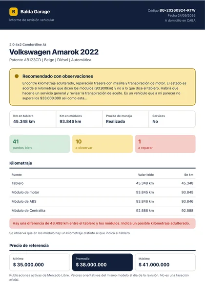 Primera página de un informe de muestra con veredicto, kilometraje y precio de referencia